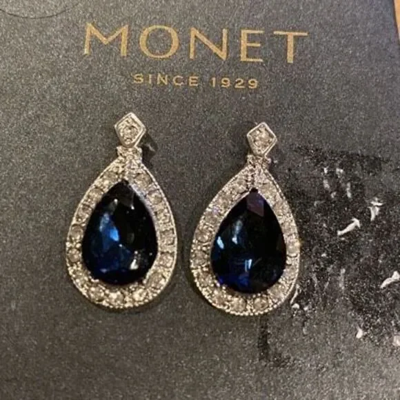 Monet Earrings Blue Stone & Rhinestone NEW - Picture 1 of 3